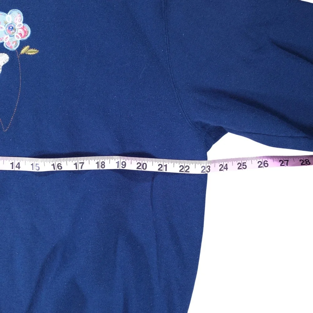 VTG Top Stitch by Morning Sun Navy Blue Cat Flower Embroidered Sweatshirt Med - Picture 4 of 7